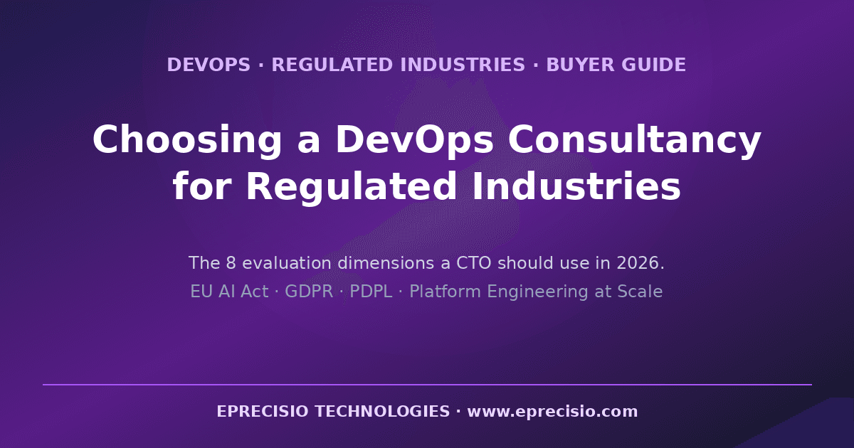 Editorial hero: choosing a DevOps consultancy for regulated industries. EU AI Act, GDPR, PDPL, and platform engineering at scale.