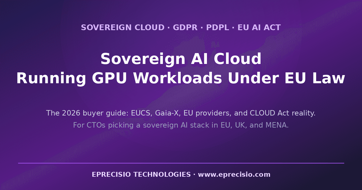 Editorial hero: Sovereign AI Cloud, running GPU workloads under EU law. GDPR, PDPL, EU AI Act, EUCS, Gaia-X, SecNumCloud.
