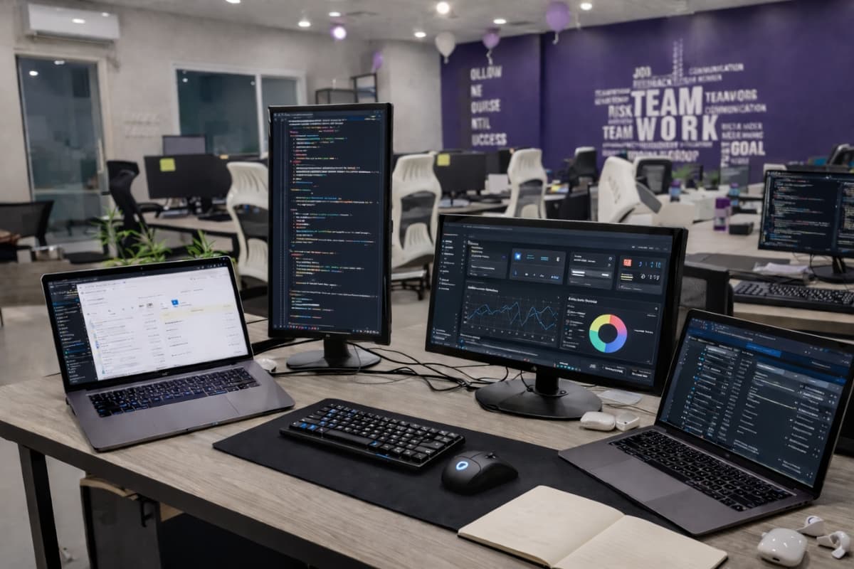 Multiple coding screens showing development workflow